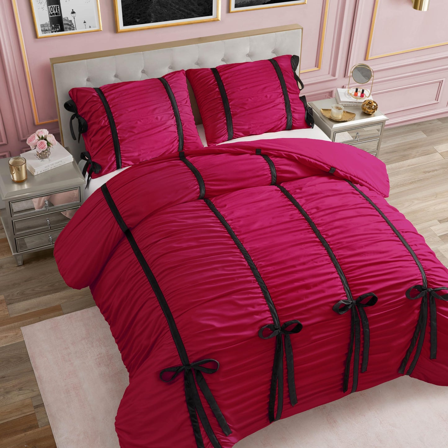 Juicy Couture Hot Pink Amelie Velvet Bows Ruched King Comforter Set - 3 Piece Stylish Bedding Ensemble