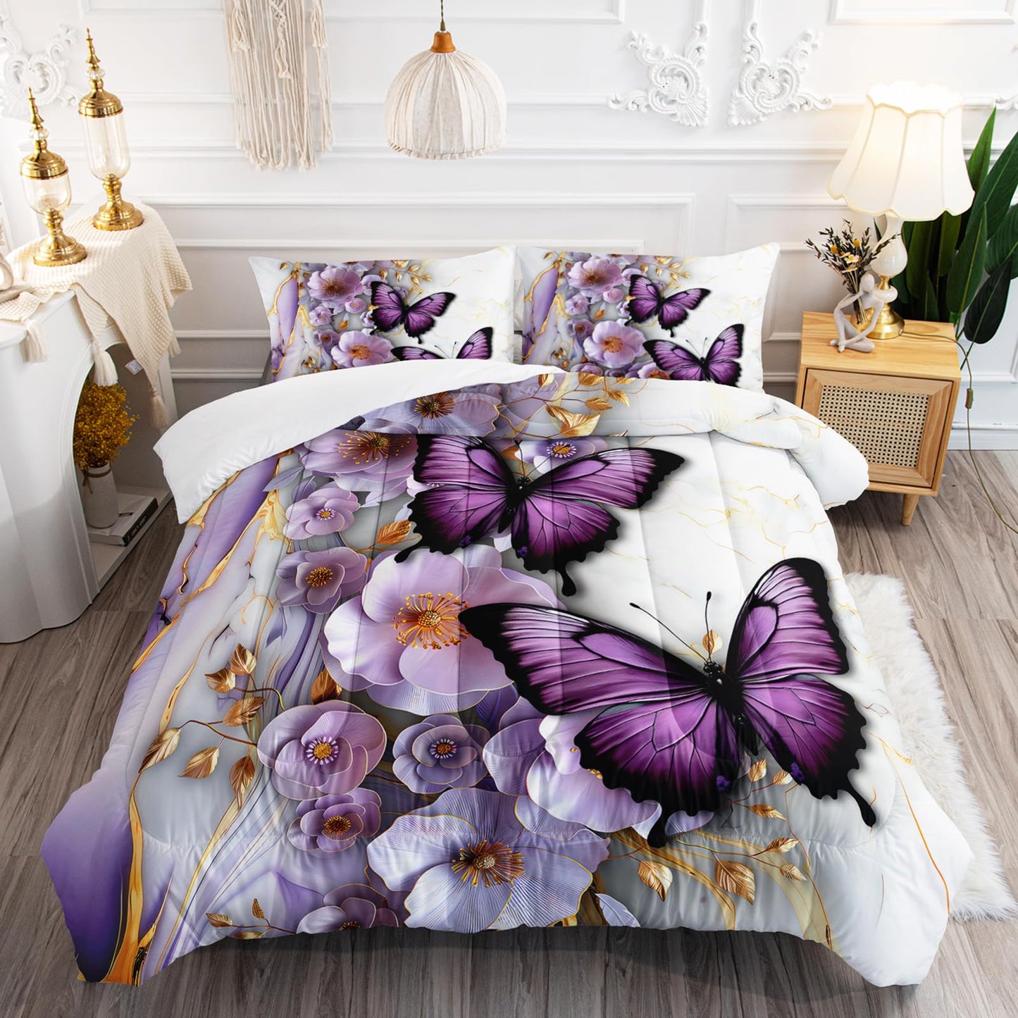 AILONEN Purple Floral Butterfly Comforter Set Queen Size,Gold White Marble Flower Bedding Set for Kids Girls Women,1 Quilt with 2 Pillowcases-3 Pieces