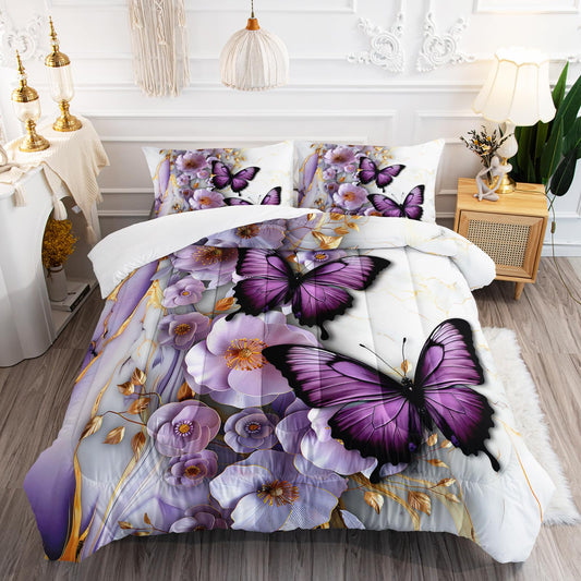 AILONEN Purple Floral Butterfly Comforter Set Twin Size,Gold White Marble Flower Bedding Set for Kids Girls Women,1 Quilt with 2 Pillowcases-3 Pieces
