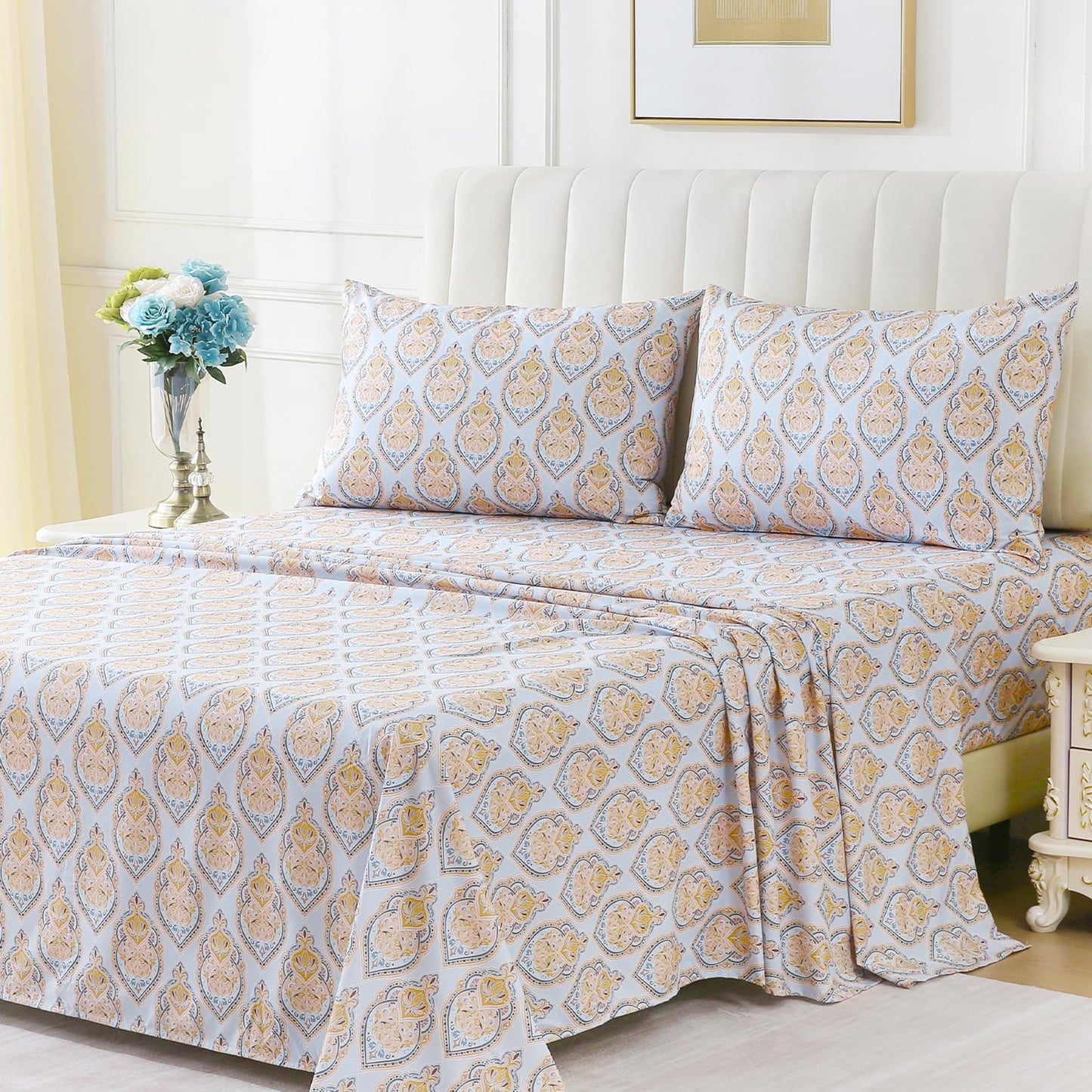 ChicView King Size Paisley Printed Sheet Set,4 Pieces Boho Style Breathable Soft Microfiber Bedsheets, Anti Pilling Deep Pockets Easy Care Bed Sheets, Yellow
