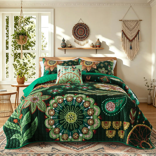 BEDIFANY Velvet King Size Quilt, 3 Pieces Boho Ethnic Style Quilt Bedding Set, Lightweight Velvet Quilted Bedspread for All Season, Vintage Textile Print Comforter Sets