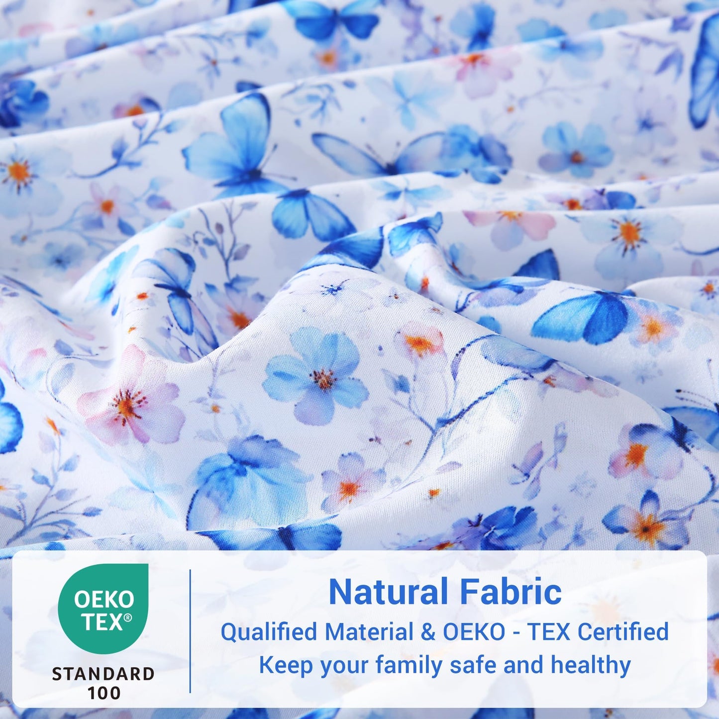 Softan Queen Floral Sheets, Microfiber Blue Flower Printed Fitted Sheets with Non-Slip Corner Straps and 15" Deep Pocket, Butterfly Patterned Cozy Bed Sheets & Pillowcase Sets