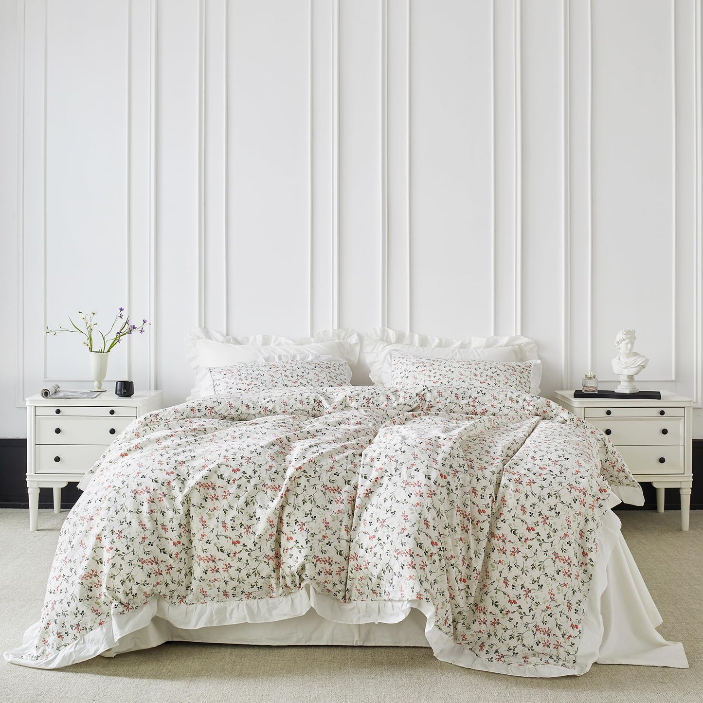 YuHeGuoJi White Ruffle Floral Duvet Cover Queen 100% Cotton 3 Pcs Set 1 Cute Red Flower Duvet Cover with Zipper Ties 2 Pillow Shams Decorative Green Botanical Bedding Set Soft