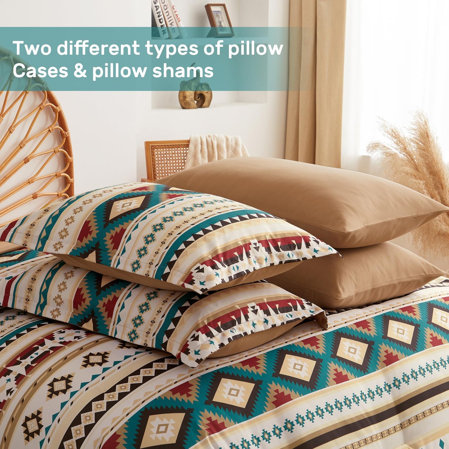 Dinjoy Queen Size Comforter Set Beige, 7 Pieces Boho Aztec Bed in a Bag Lightght Comforters Bedding Set with Sheets & Pillow Shams, Bohemian Geometric Striped Pattern All-Season