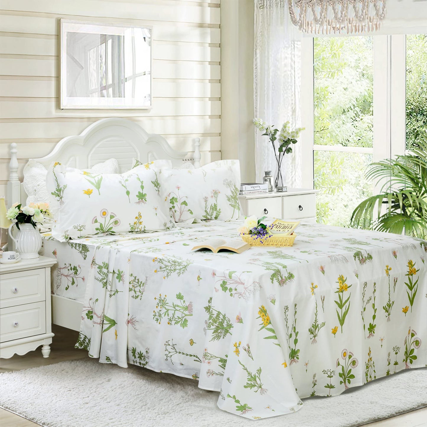 FADFAY King Bed Set Girls Bedding Farmhouse Bedding 100% Cotton Floral Bed Sheets Deep Pocket Flower Fitted Sheet Set Cozy House Sheets for All-Season (4Pcs, White, King Size)