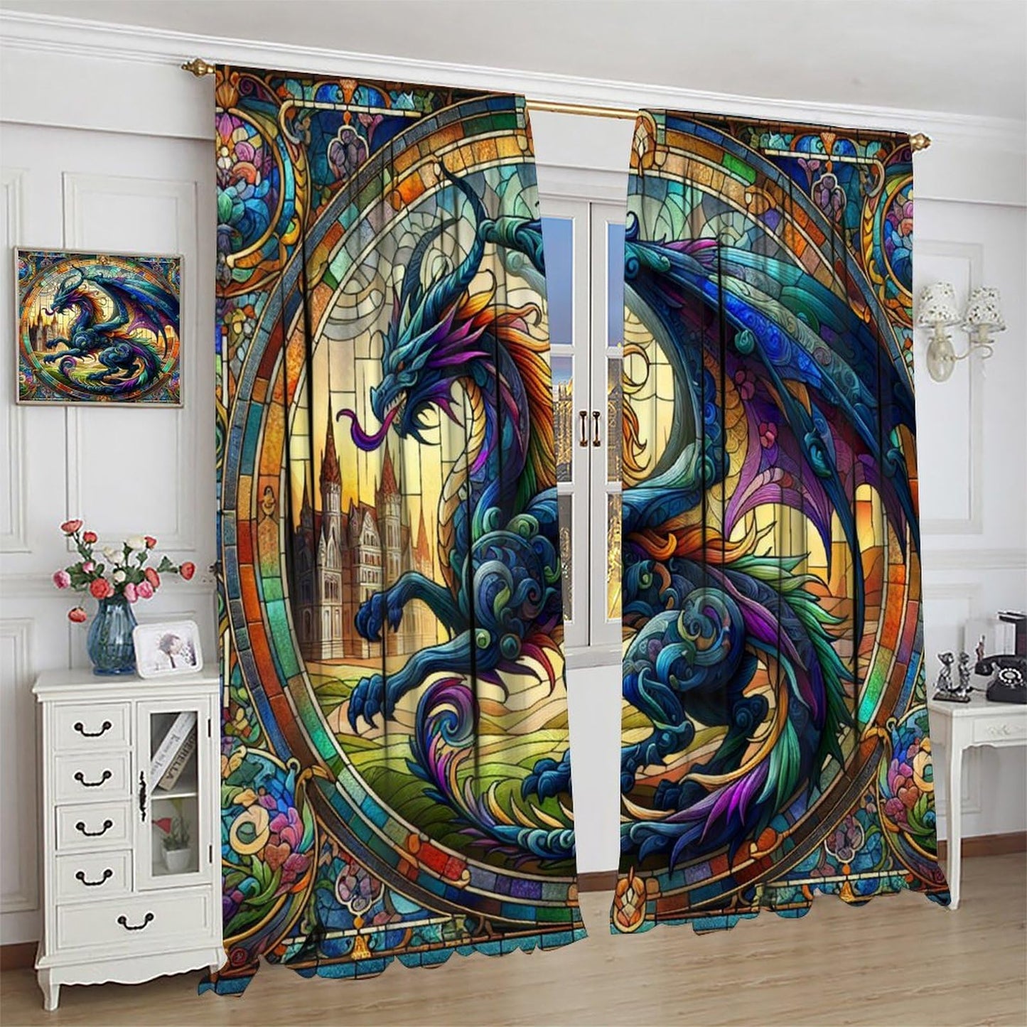 FengMingRui Stained Glass Dragon Curtains for Kids Abstract Geometry Western Dragon Window Treatments for Boys Girls Bedroom Living Room Window Drapes 42" W X 45" L