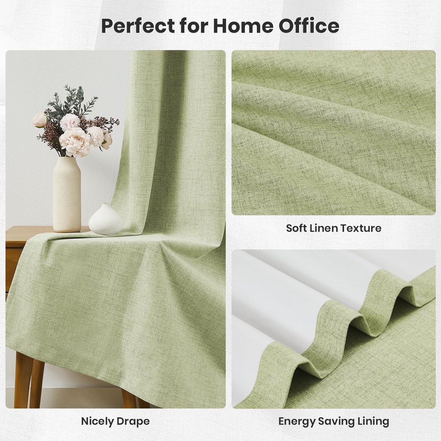 Melodieux Sage Green 100% Blackout Linen Curtains 84 Inch Length 2 Panels Set, Living Room Darkening Thermal Insulated Grommet Curtains, Bedroom Natural Farmhouse Burlap Textured Drapes, 42x84 inch