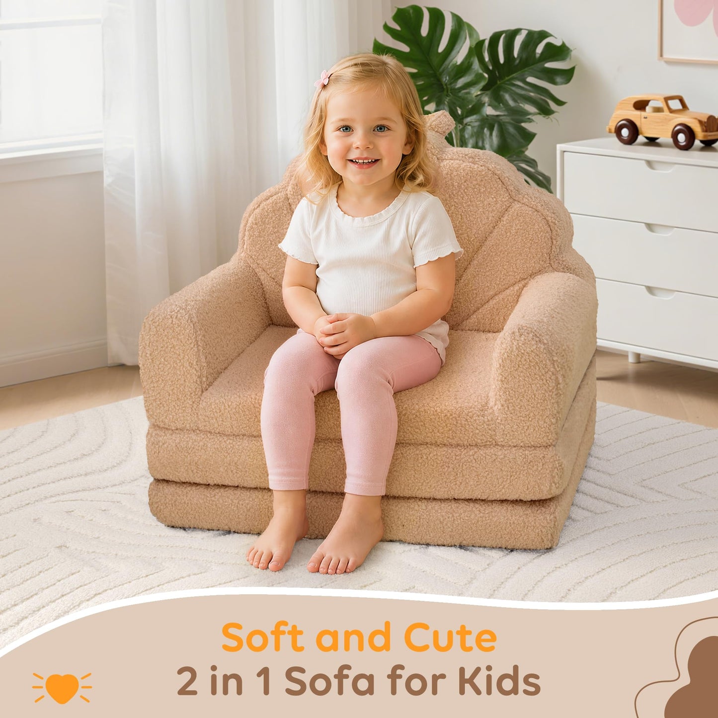 Airpanda Cozy Kids Couch and Chair, Fold Out Foam Sofa, Khaki