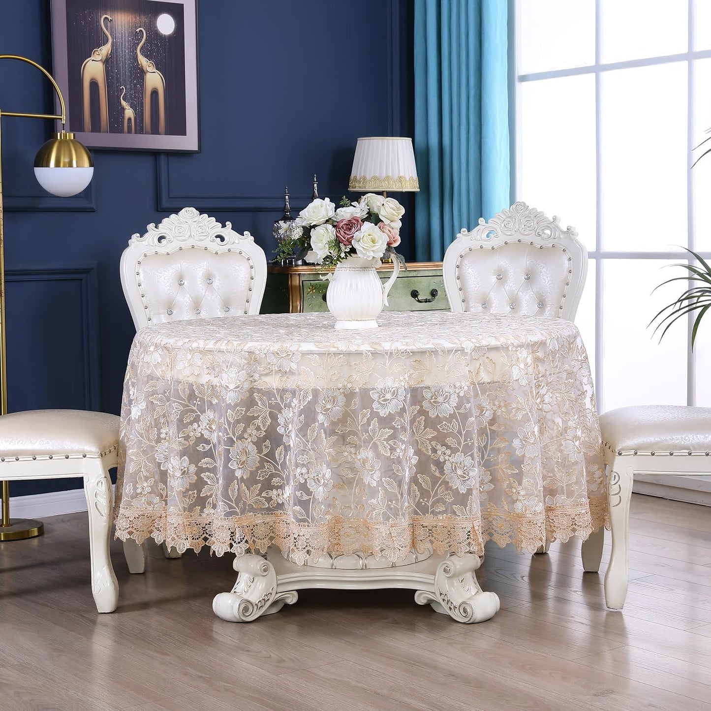 ZHUIDUSI 90 Round Tablecloth Lace Table Cloth Circle Macrame Vintage Shabby Chic Embroidered Gold Brown Table Cover for Kitchen Dining-Room Summer Holiday Outdoor Picnic, R10971