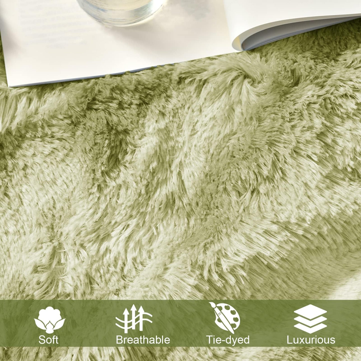 Exclusivo Mezcla Fuzzy Faux Fur Throw Blanket, Reversible Shaggy Sherpa Fleece Tie Dyed Blankets, Fluffy Plush Warm Throws for Couch, Bed, 50x60 Inches, Olive Green