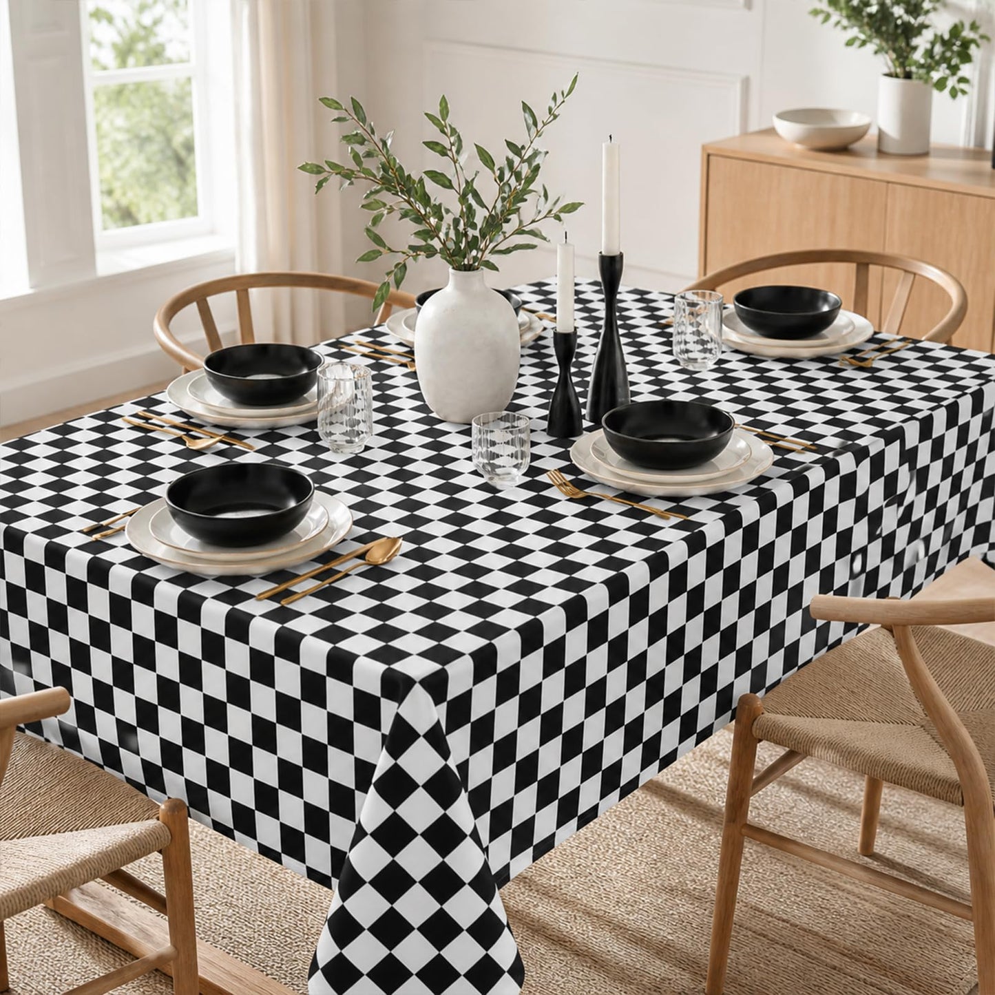 Juynyyn Checkered Tablecloth 60x84 Inch Black and White Checkered Flag Table Cloth for Race Car Decorations, Birthday Party Supplies, Rectangle,Table Cover