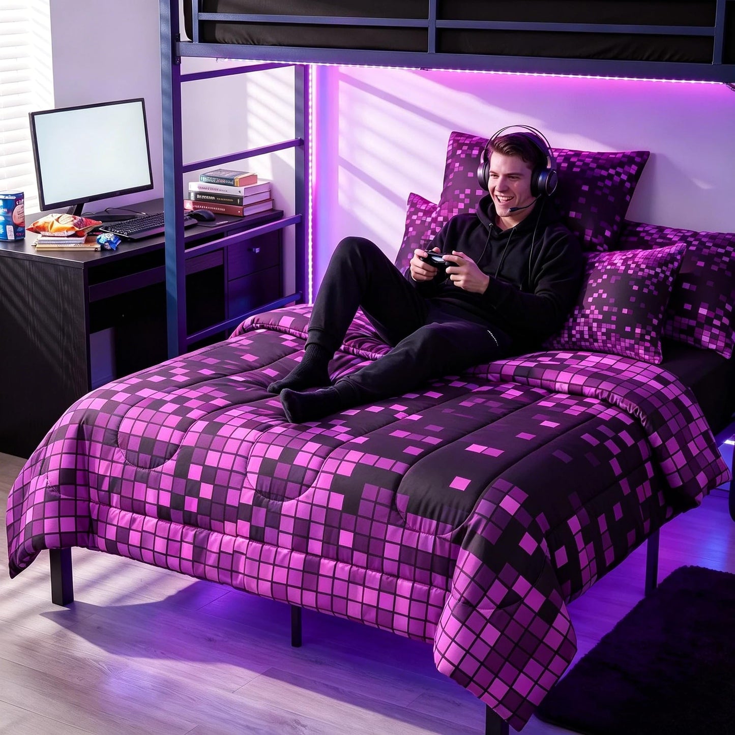 Feelyou Purple Black Retro Pixel Art Comforter Set with Sheets 7 Piece Twin Size Gaming Room Bed in a Bag Kids Boys Girls Retro Pixel Bedding Set Gamer Room Decor Bedroom Decor Microfiber