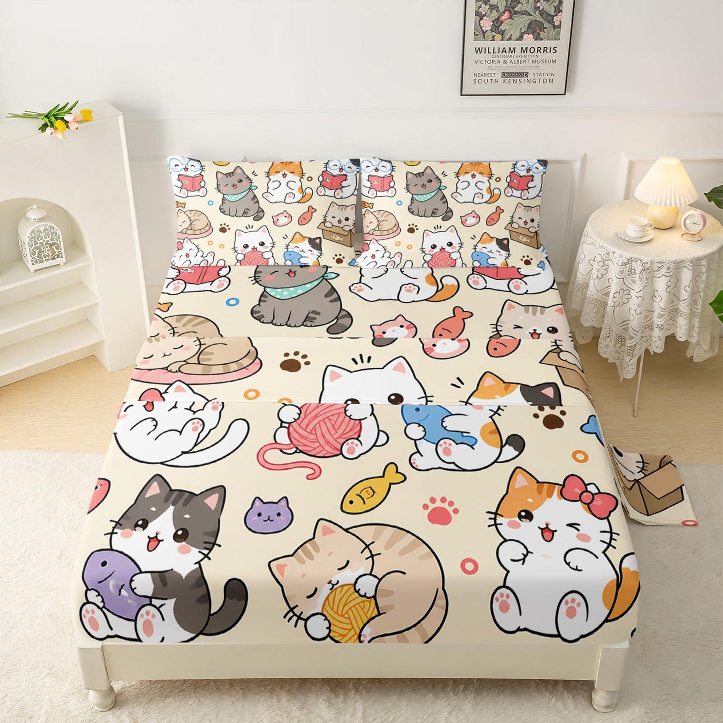 QOOMO Kawaii Kids Sheets Twin Size,Cat 16" Deep Pocket Bed Sheet Set,Cartoon Cat Printed Bedroom Decor Sheet Set Soft and Breathable for Girls/Kids/Teens，Twin