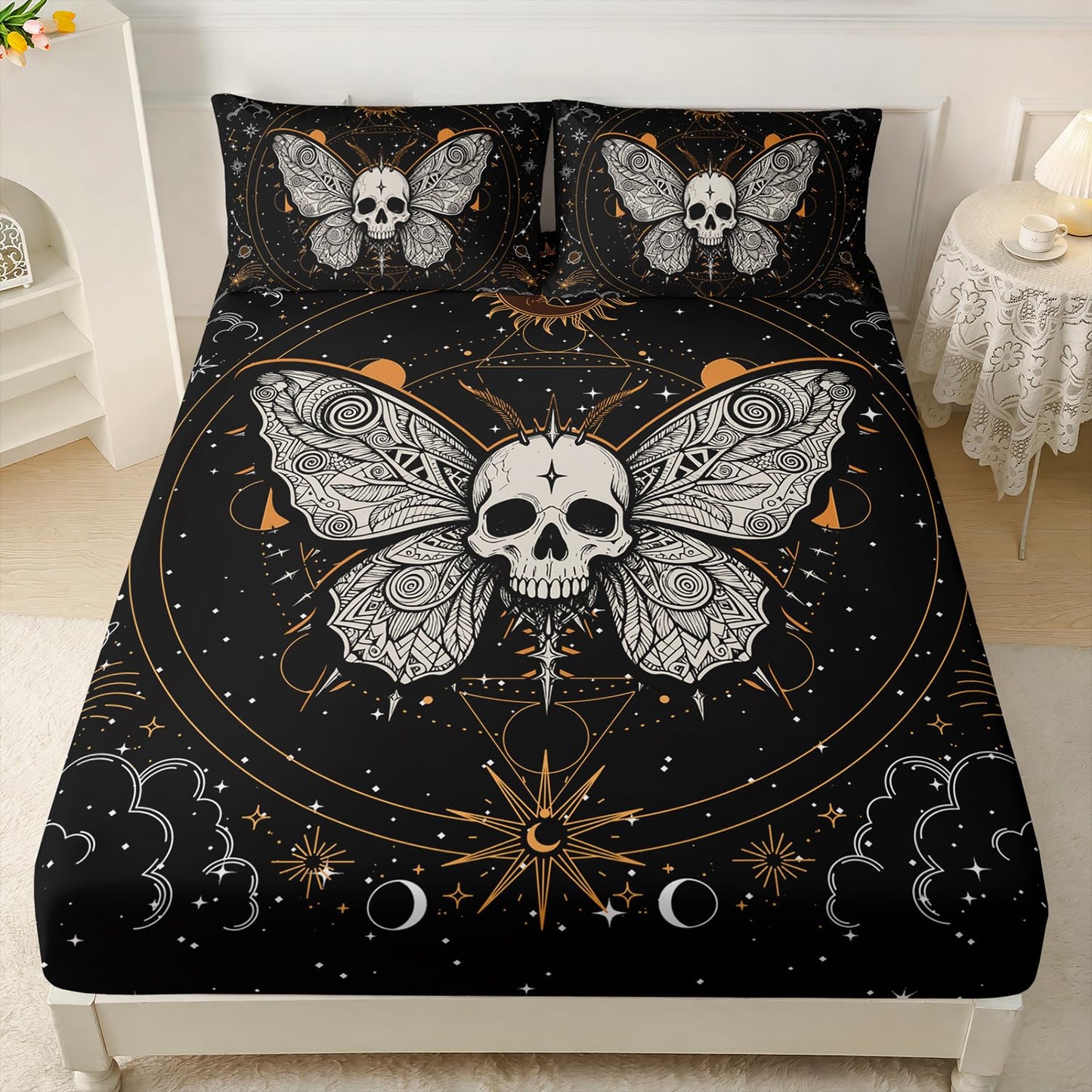 HOSIMA Butterfly Bedding Set for Girls Bedroom Set,Gothic Decor Twin Fitted Sheet Skull Boho Sun and Moon Pattern Queen Size,1 Sheet+2 Pillowcases. Yellow-a Full 55''*75''