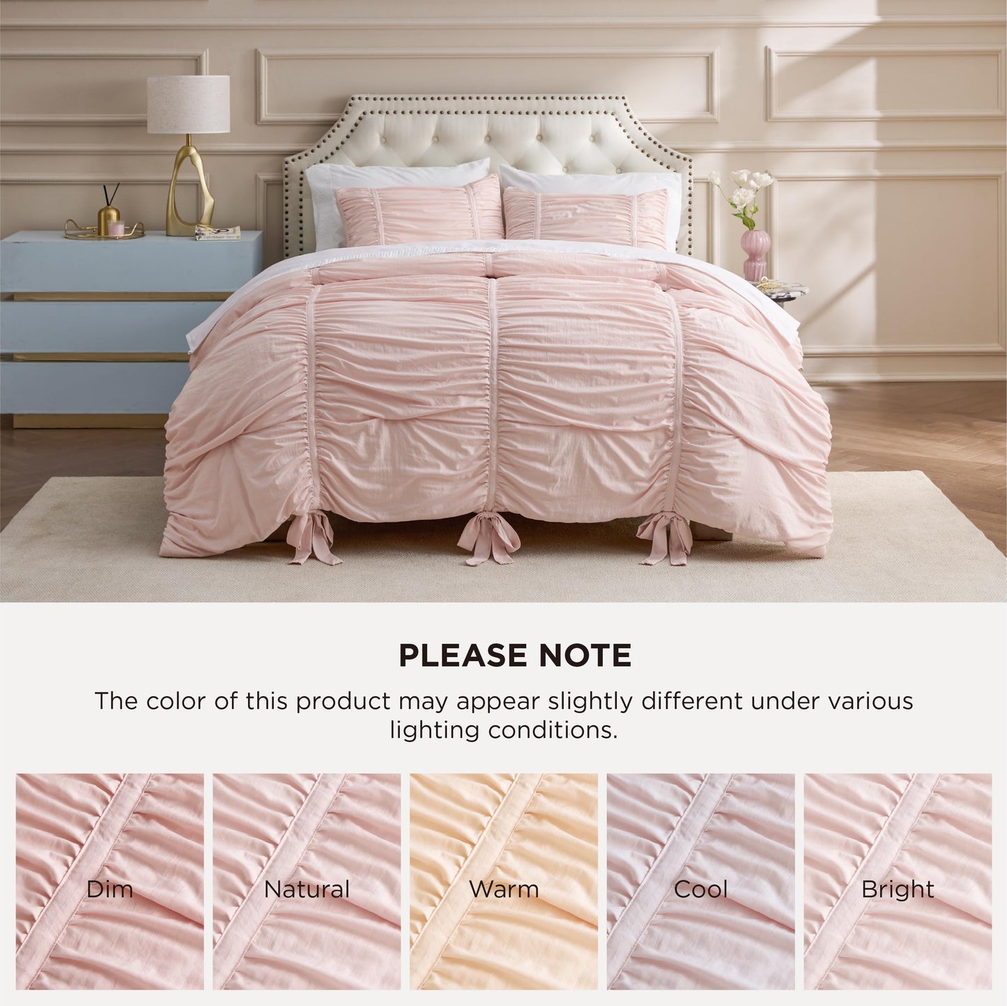 Bedsure Ruched Comforter Set with Bow Trim Pink, GentleSoft™ 3 Pieces Bow Bedding Pink Room Decor, King Boho Bedding for Girls Teens Women, 1 Bed Comforter, 2 Pillow Shams, 104x90 Inches