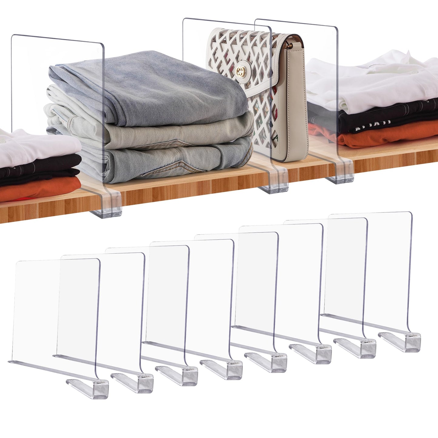 JOY DECOR 8 Pack Acrylic Clear Shelf Dividers for Closets Organizer and Storage Adjustable Vertical Wood Shelf Closet Separators for Clothes,Book,Bags in Bedroom and Kitchen