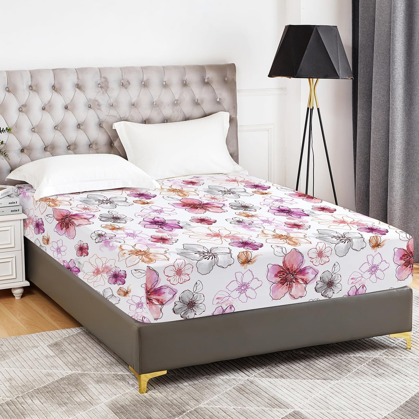 YIYEA Floral Fitted Sheet Only, Premium Double Brushed Microfiber Deep Pocket Fitted Sheet Queen Size, Ultra Soft Fitted Bottom Sheet, Shrinkage, Fade Resistant, Queen