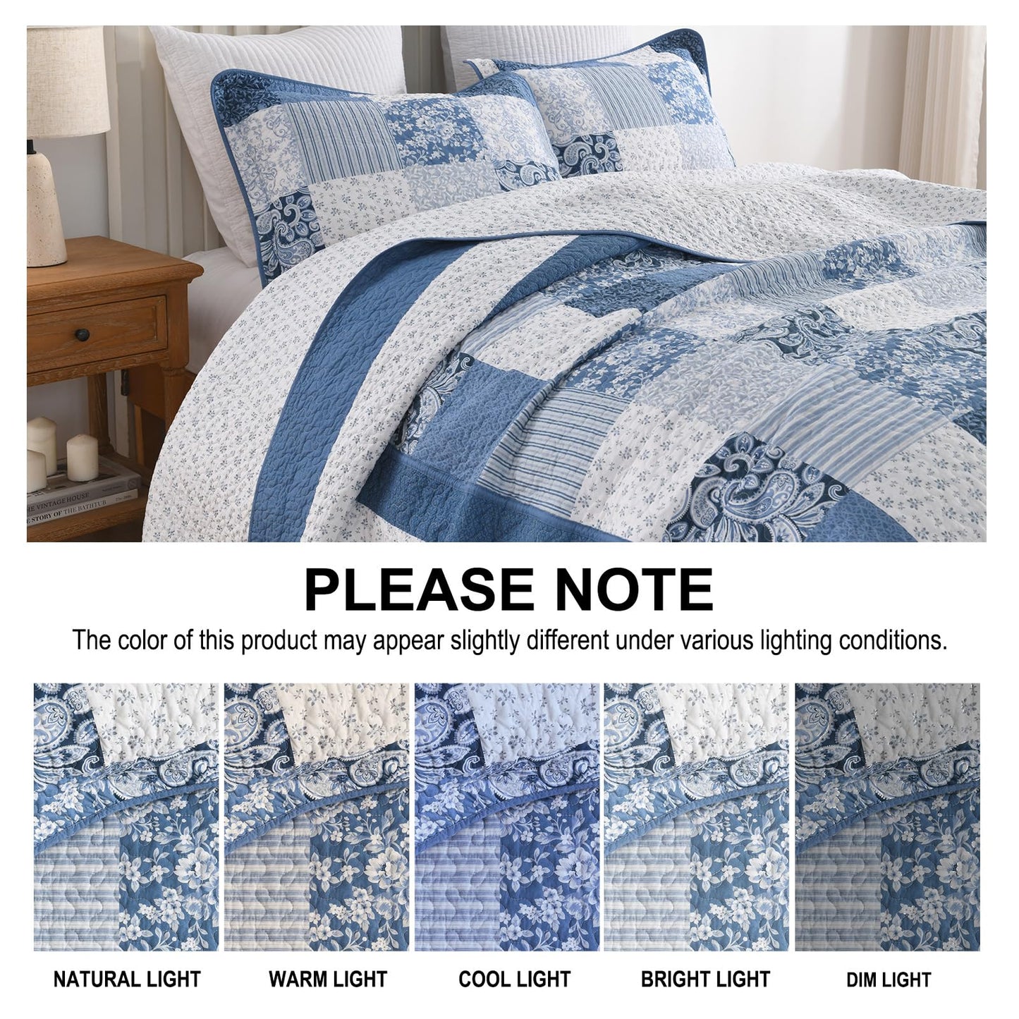 FineStichery 100% Cotton King Bedspread 120x120, Oversized Quilt Set, Farmhouse Extra Large Coverlet, Plaid Botanical and Paisley Pattern, Lightweight, Reversible, 3 Piece, Blue/White