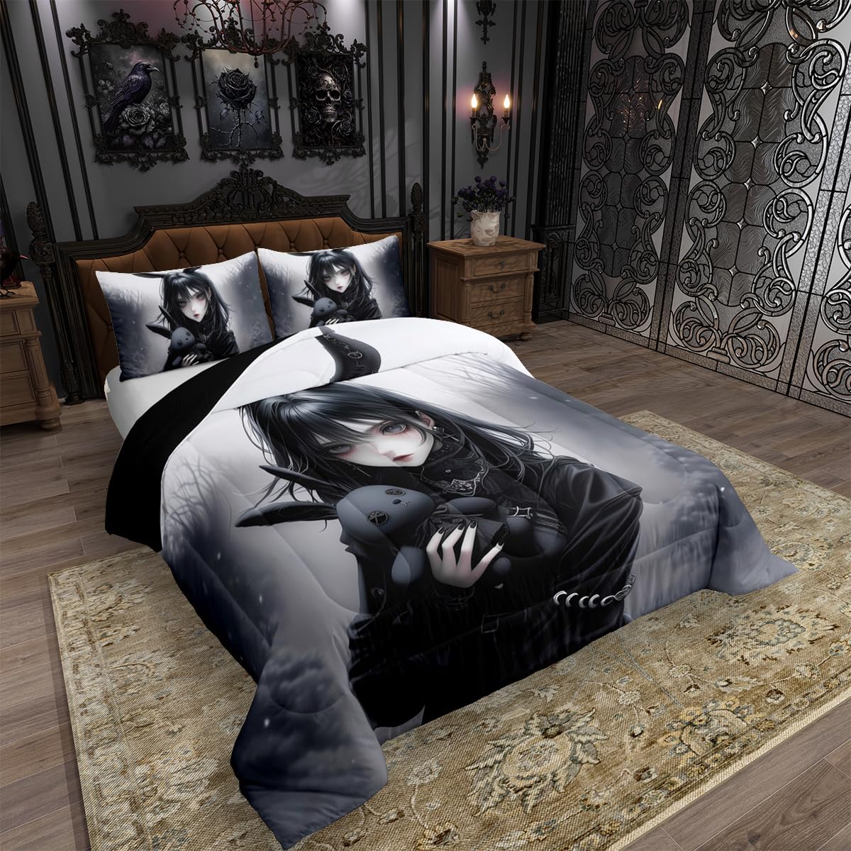 Erosebridal Anime Girl Bedding Set Full,Anime Gifts Comforter Set for Girls Women,Gothic 3D Japanese Girl Down Comforter,Black Gothic Bed Set Exotic Rabbit Printed Duvet Insert with 2 Pillowcases