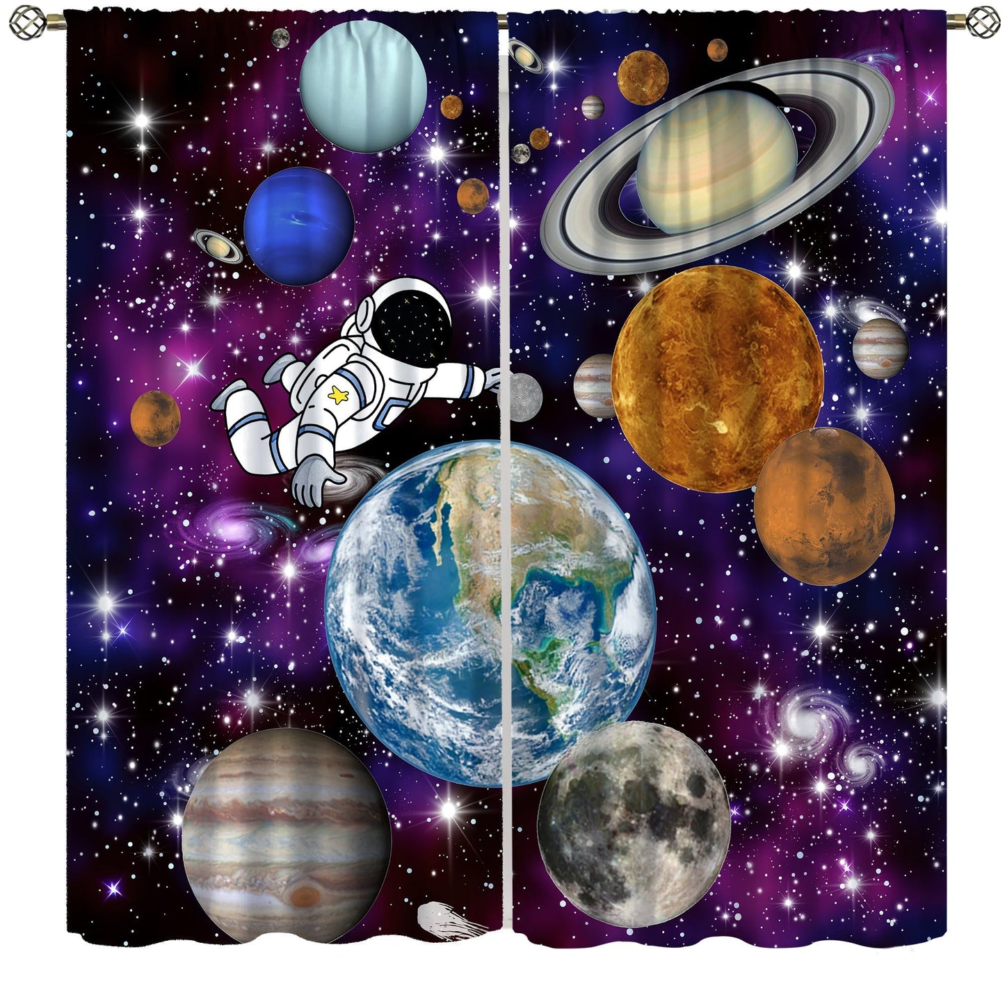 AAVEUP Astronaut Galaxy Blackout Curtains,Cartoon Solar System Universe Outer Space Planet Astronaut Earth Windows Treatments Rod Pocket Drapes for Kids Boys Teenage Living Room Bedroom 63x72inch