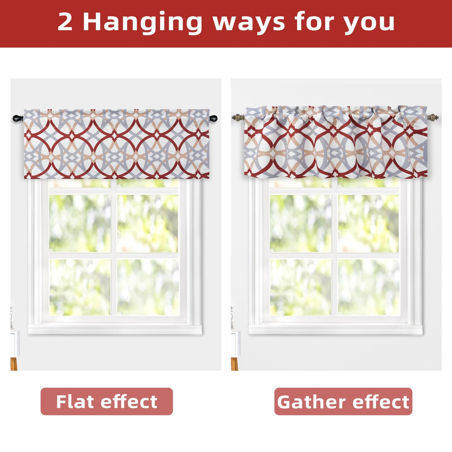 DriftAway Alexander Blackout Valances for Windows Thermal Insulated Kitchen Topper Geometric Moroccan Mid Century Pattern Match Thick Bathroom Curtain Valance Rod Pocket 52 Inch by 24 Inch Red/Gray