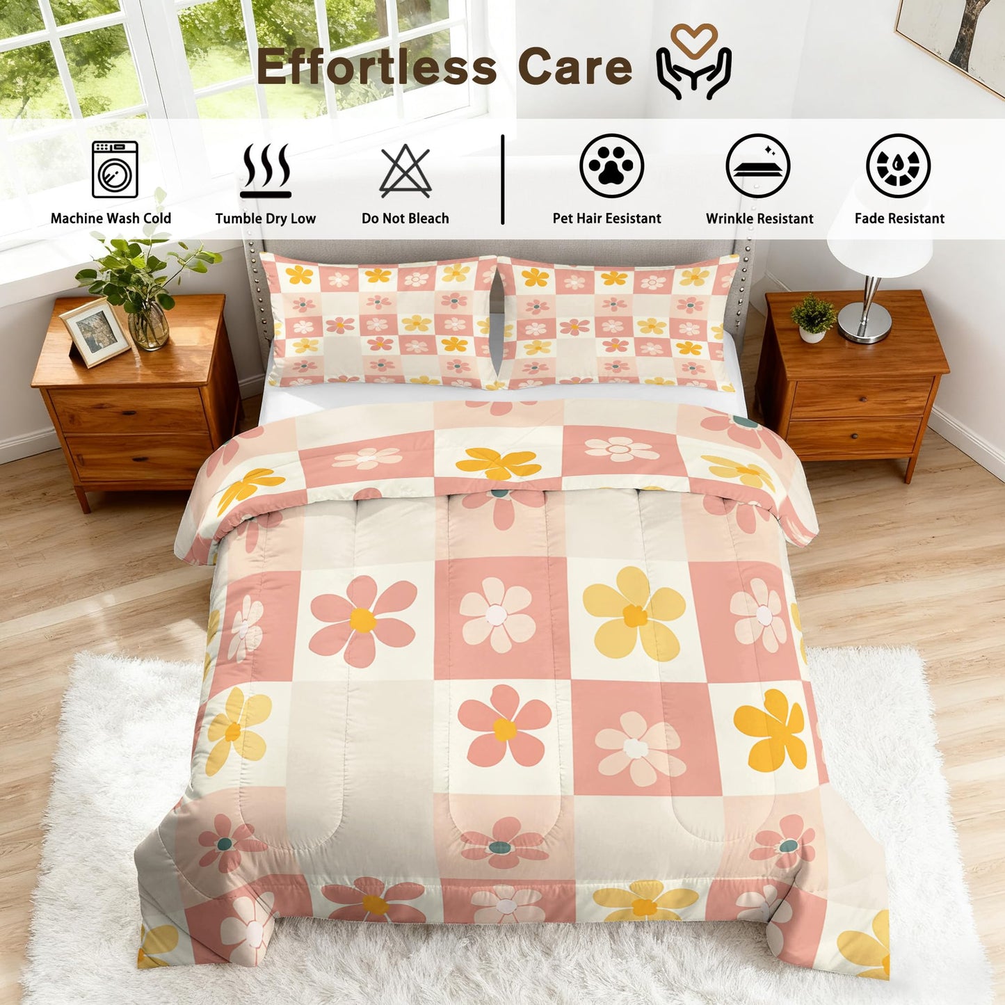TANCAPRIUM Retro Floral Comforter Set Twin - 70s Flower Bedding Set & 2 Pilow Cases for All Season - Soft Reversible Down Alternative 3 Piece. Retro Bedrom Decor