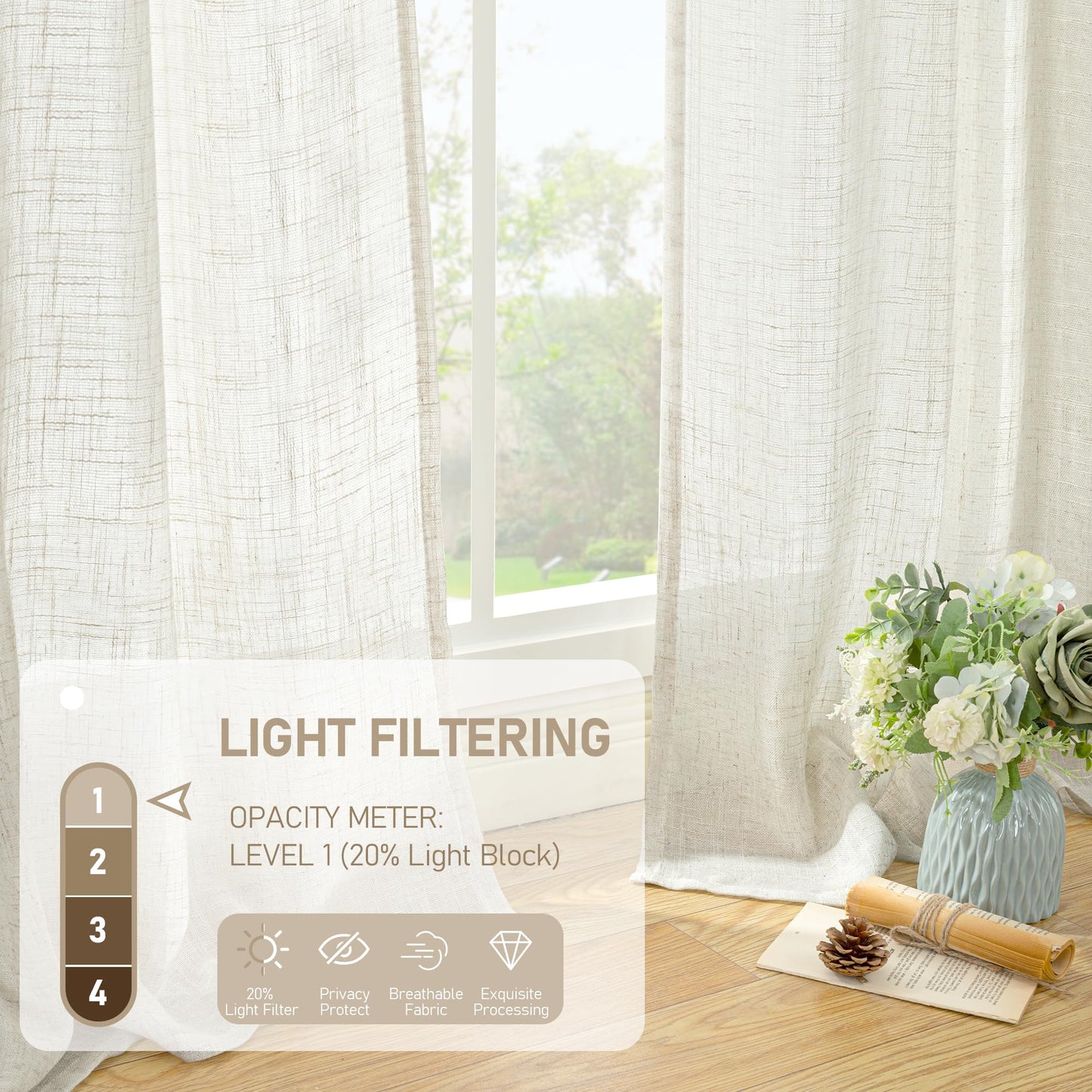 LAMIT Natural Ivory Semi Sheer Linen Curtains 84 inch Long, Cream White Light Filtering Living Room Panels Back Tab and Rod Pocket Neutral Drapes for Bedroom/Farmhouse, 2 Panels, 52 x 84 Inch
