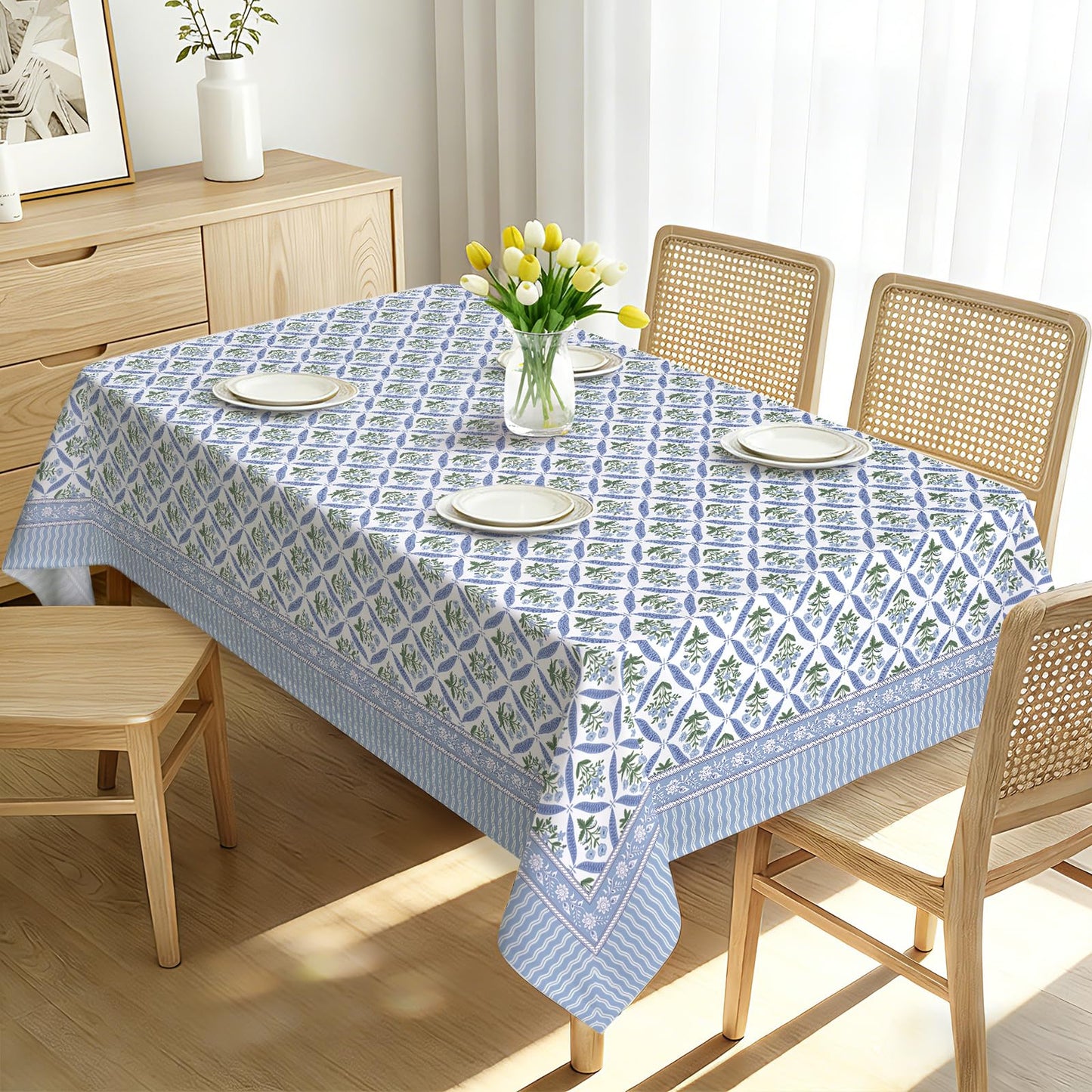 hometrixx Hand Block Print Rectangle Table Cloth Floral Farmhouse Washable Polyester Oil-Proof Tablecloth Stain Wrinkle Resistant Table Cover for Party Kitchen Decor Outdoor Picnic, 60x84 Blue