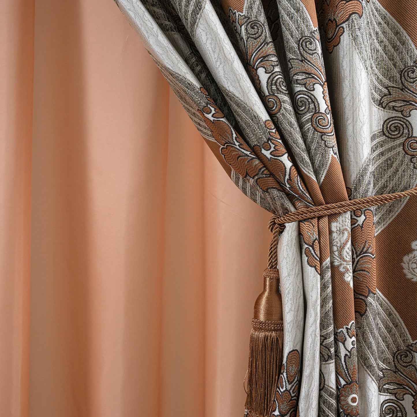 Petrichor Elegant Curtains with Gold Silver Threads 2 Panels Set - Luxury Window Treatment Attached Valance, Sheer Backing, and 2 Tie Backs for Bedroom and Living Room, 54x84 inches, Brown