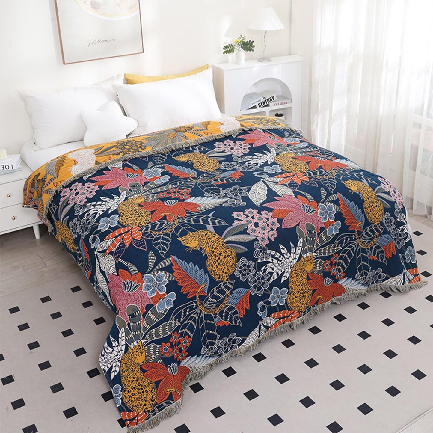 BRYALIX 100% Cotton Muslin Floral and Leopard Blanket, Super Soft Decorative for Couch, Bed Chair Travel Quilt, Reversible Jacquard Fall Coverlet, Lightweight Boho Farmhouse Picnic Blanket, 60"x80"