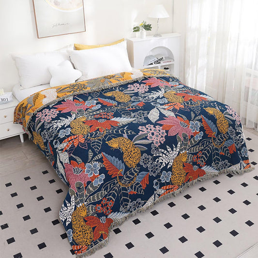 BRYALIX 100% Cotton Muslin Floral and Leopard Blanket, Super Soft Decorative for Couch, Bed Chair Travel Quilt, Reversible Jacquard Fall Coverlet, Lightweight Boho Farmhouse Picnic Blanket, 60"x80"