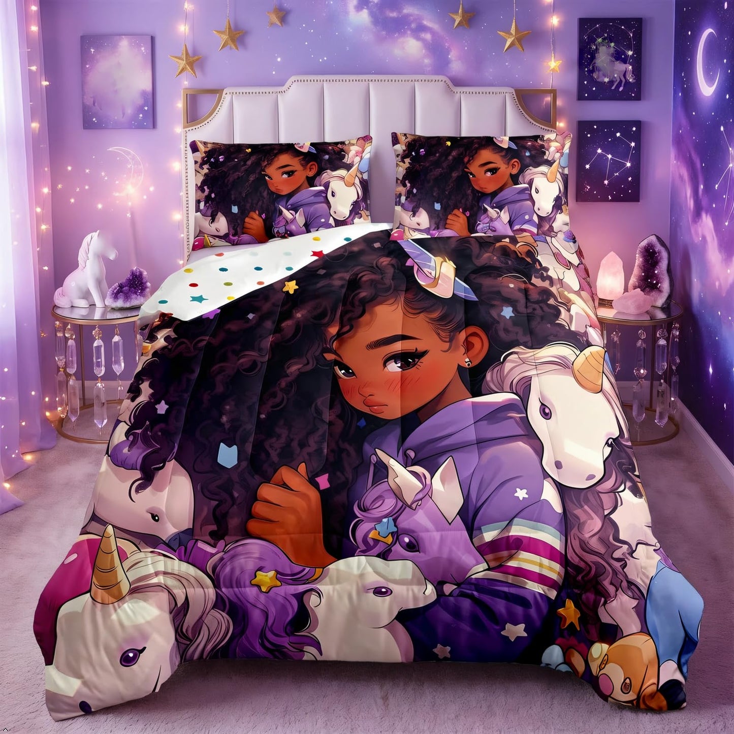 Erosebridal Black Hair Girls Bedding Set Cartoon Unicorn Twin Comforter Set,American African Kids Quilt Cute Afro Melanin Princess Down Comforter,Magical Animal Dreamy Horse Rainbow Room Decor