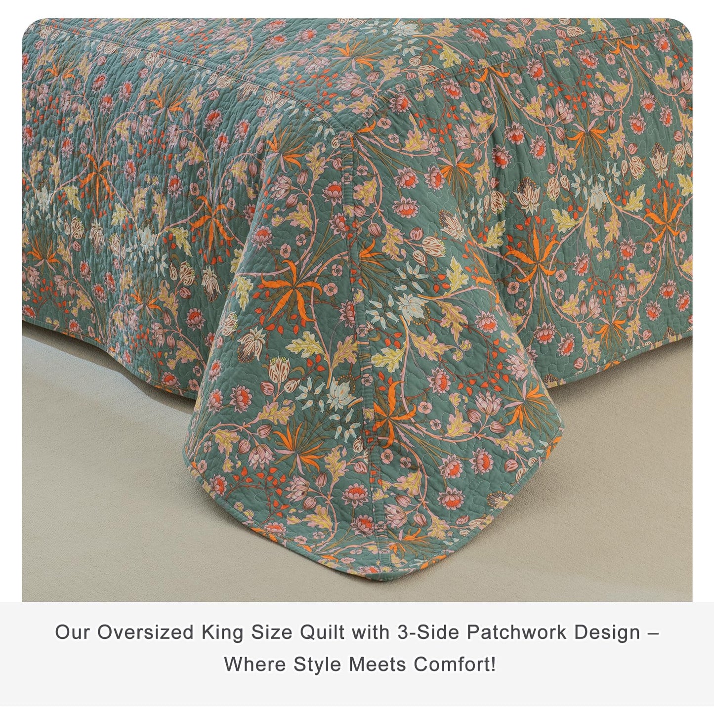 QSH 100% Cotton Oversized King Bedspread Set(128"x120")-3Pcs Floral Quilt Coverlet California King Size Luxury Paisley Flower Botanical Printed Bedspread Bedding Set Lightweight Soft for All Season