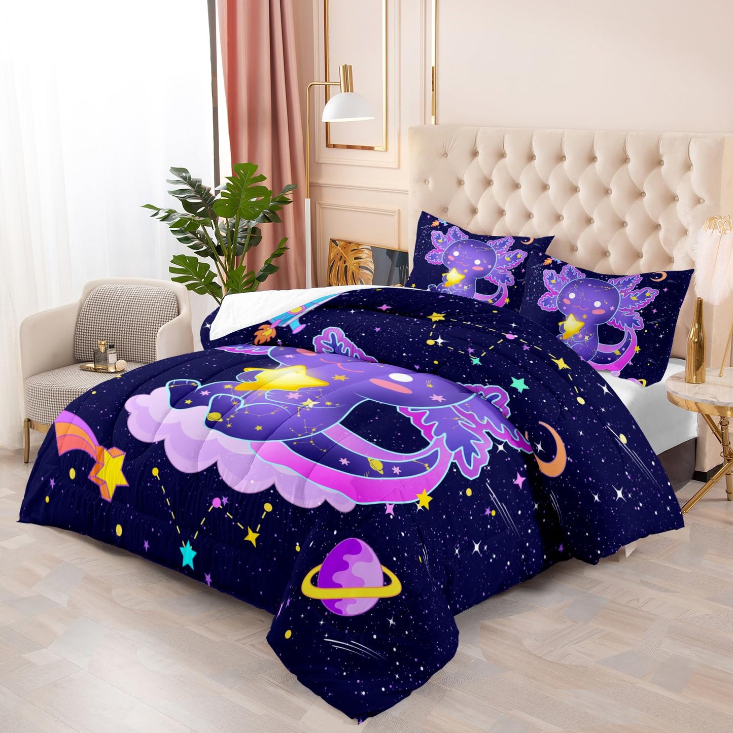 Galaxy Axolotl Comforter Set Queen Size,Kawaii Animals Cartoon Space 3 Bedding Set for Girls Boys Kids,Rocket Starry Sky Lightweight Down Alternative with 2 Pillowcases for Bedroom Decorative