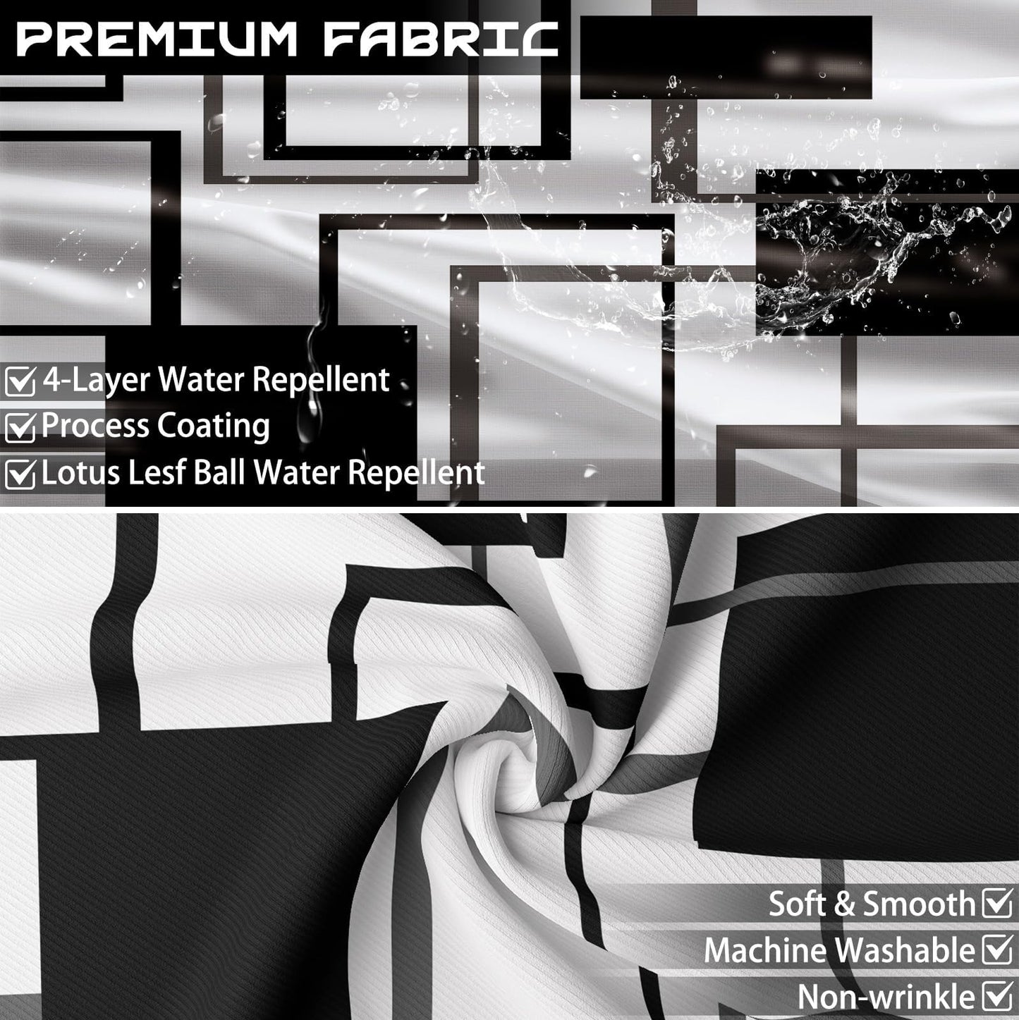 Yieldeer Black and White Geometric Shower Curtain, 70 x 72 Inch