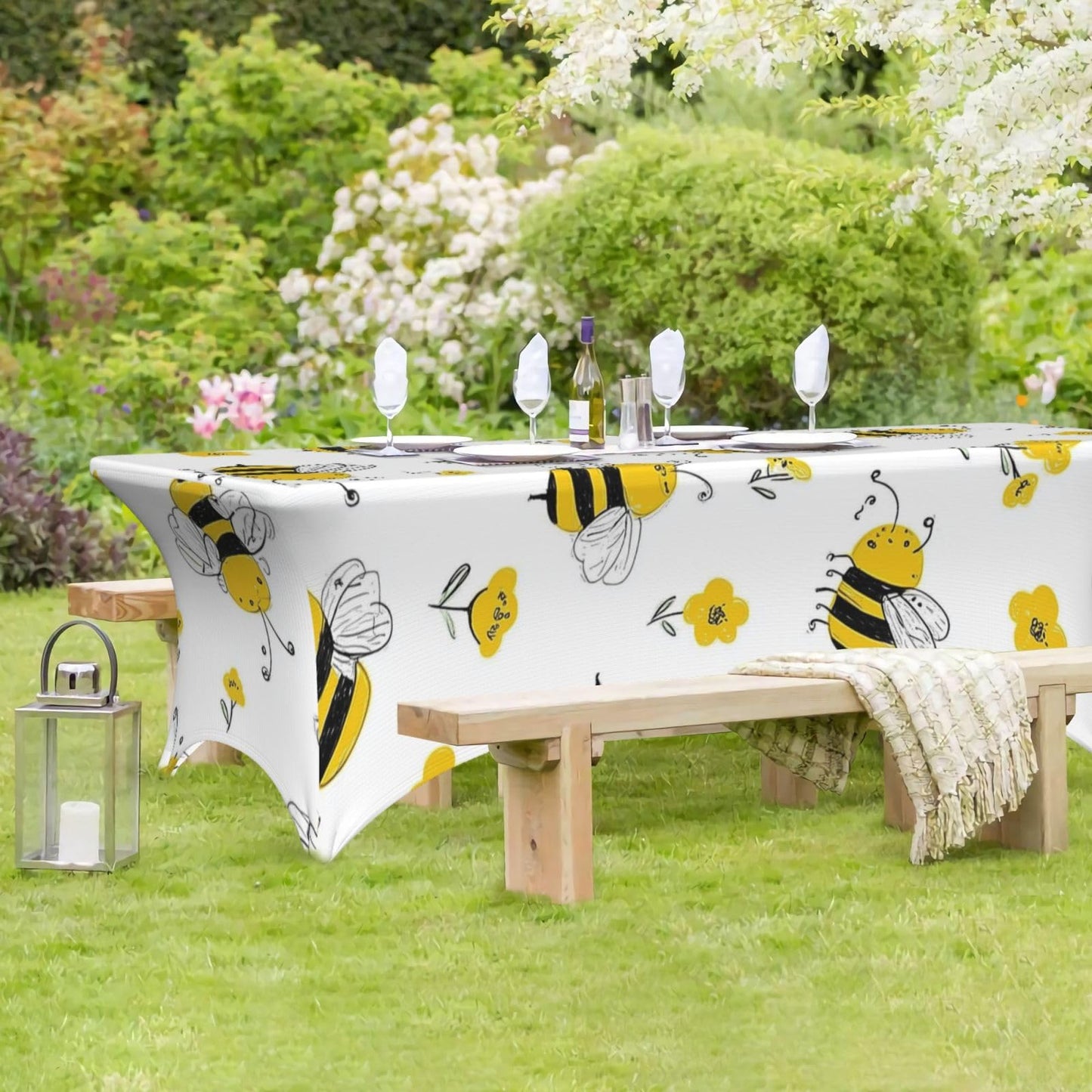 HSYOYO Yellow Bees Flowers Fitted Tablecloths for 6 Foot Rectangle Tables Stretch Table Cover Indoor Outdoor Rectangular Table Protector Decoration for Party Picnic Wedding
