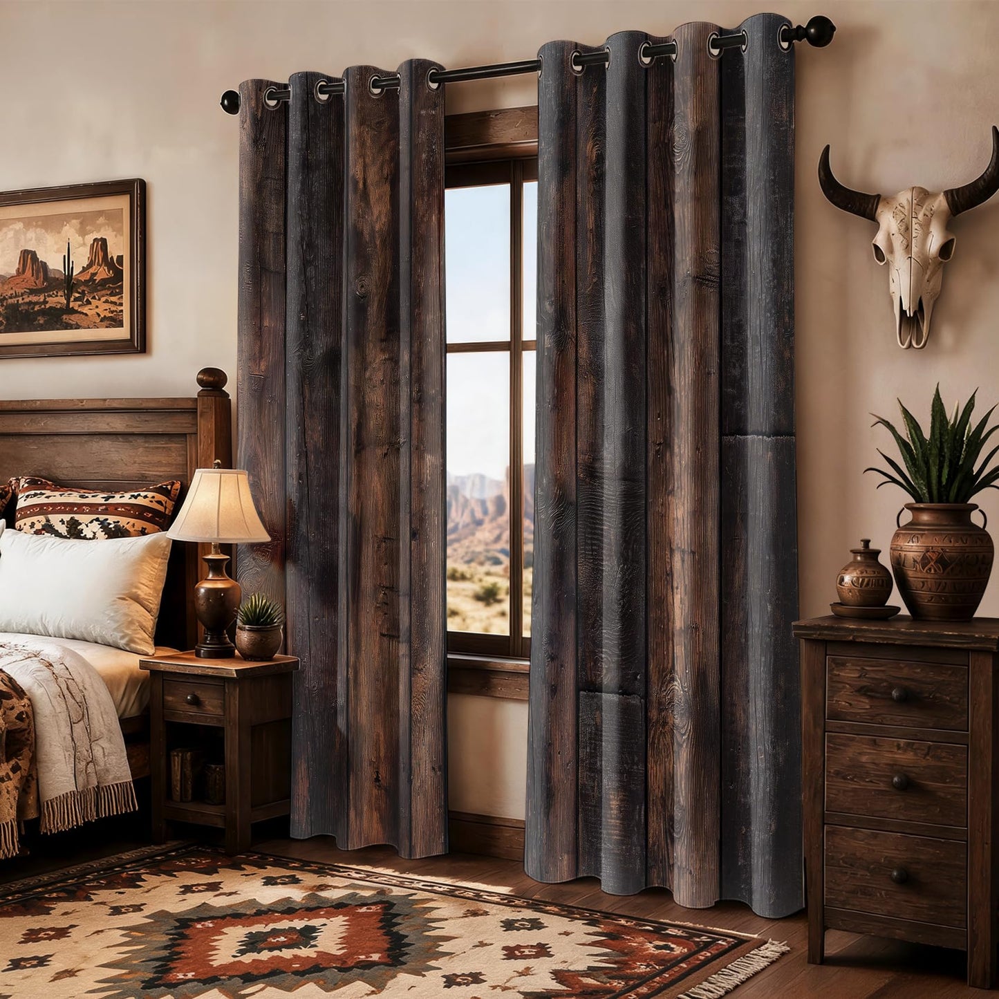 Wood Plank Patterned Blackout Curtains for Kitchen, 54 Inch Curtains 2 Panel Set, Thermal Insulated Room Darkening Grommet Drapes, Western Rustic Farmhouse Wooden Grain Window Treatments
