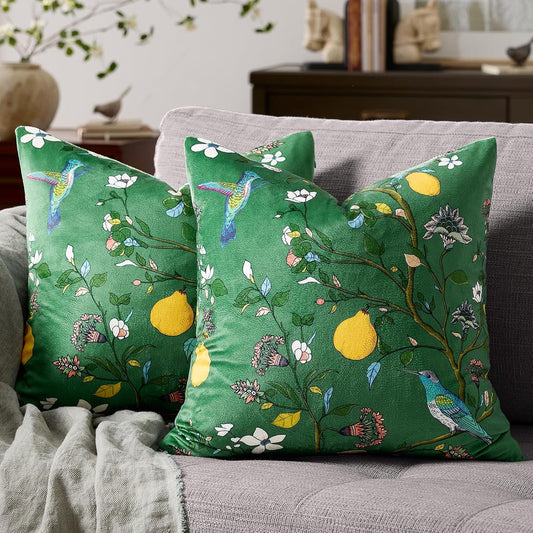 MUSSEL Dark Green Velvet Throw Pillow Covers 20x20 Pack of 2, Vintage Floral Pillow Covers, Mid Century Flower Plant Cushion Covers for Sofa Living Room Home Decor