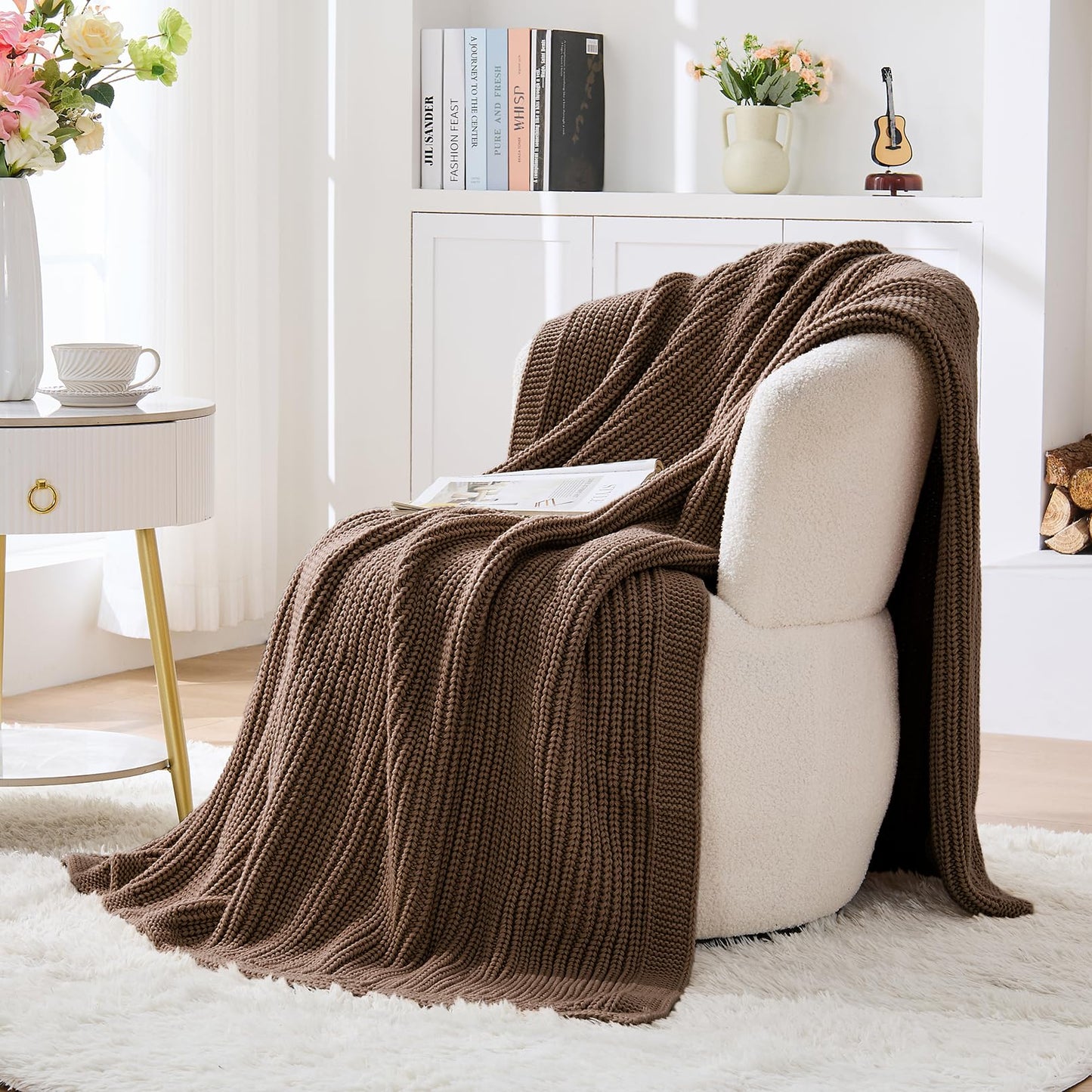 Chunky Knit Brown Throw Blanket for Couch Soft Cozy Thick Knitted Blanket for Sofa Bed, Breathable All-Season Cute Decorative Throw for Living Room, 50"x60",Dark Brown
