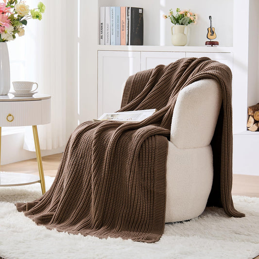 Chunky Knit Brown Throw Blanket for Couch Soft Cozy Thick Knitted Blanket for Sofa Bed, Breathable All-Season Cute Decorative Throw for Living Room, 50"x60",Dark Brown