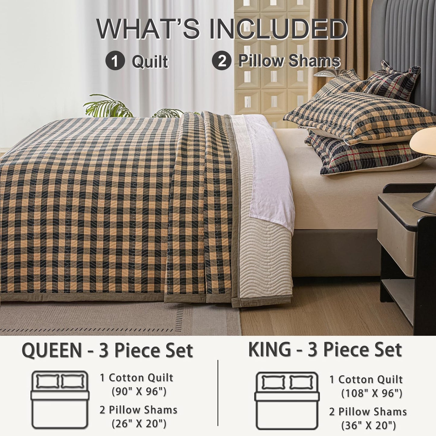 tohrisa Cotton Plaid Quilt Set, Ultra Soft 3 Pieces Queen Size Bedding with 2 Pillow Shams, Lightweight Reversible Coverlet Bedspread with Wave Quilting for Summer, 90"x96", Grid- Dark Green