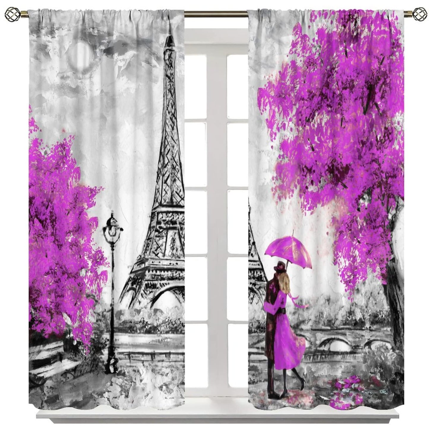 Paris Curtains,European City Landscape Oil Painting Eiffel Tower Printed Window Treatments for Bedroom Living Room Kitchen Café Window Drapes 2 Panel Set,Overall Size 42" x 45"