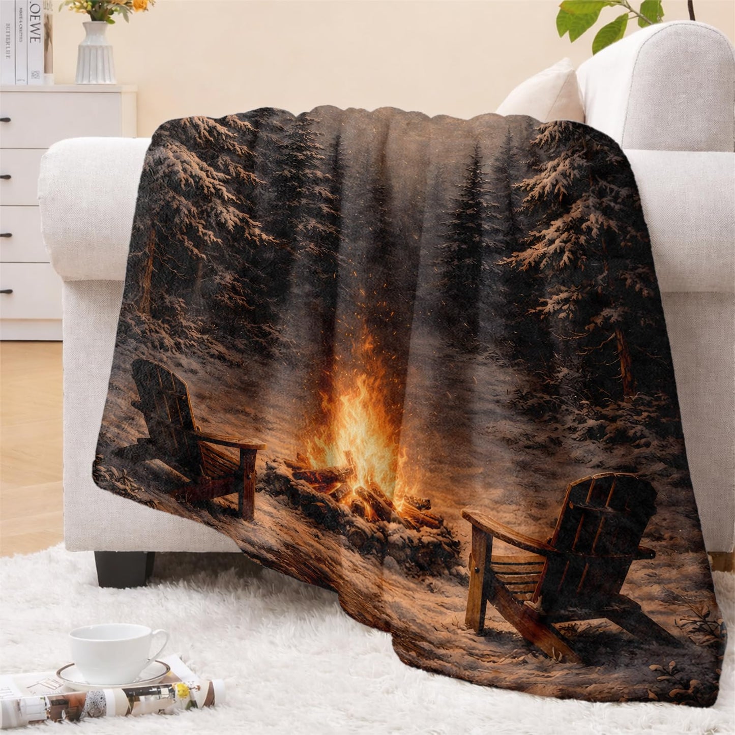 cromcu Winter Campfire Blanket Soft Lightweight, Snowy Forest Moonlight Flannel Throw Blankets for Bed Sofa Office RV Travel Home Bedroom Rustic Decor, Camping Lovers Gifts 60"X50"