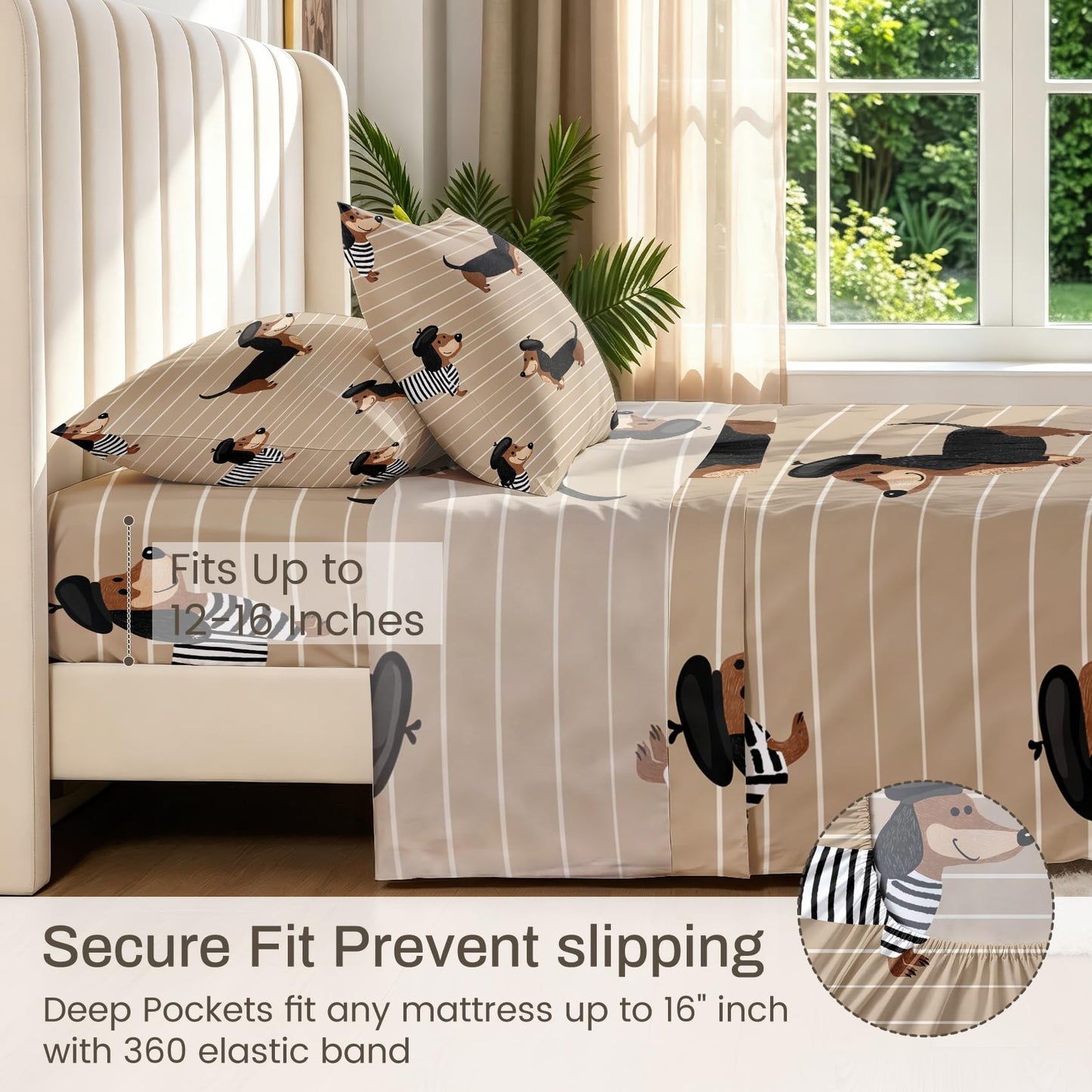 Dachshund King Sheet Set Boys Puppy Flat Fitted Sheet Sets, Cream