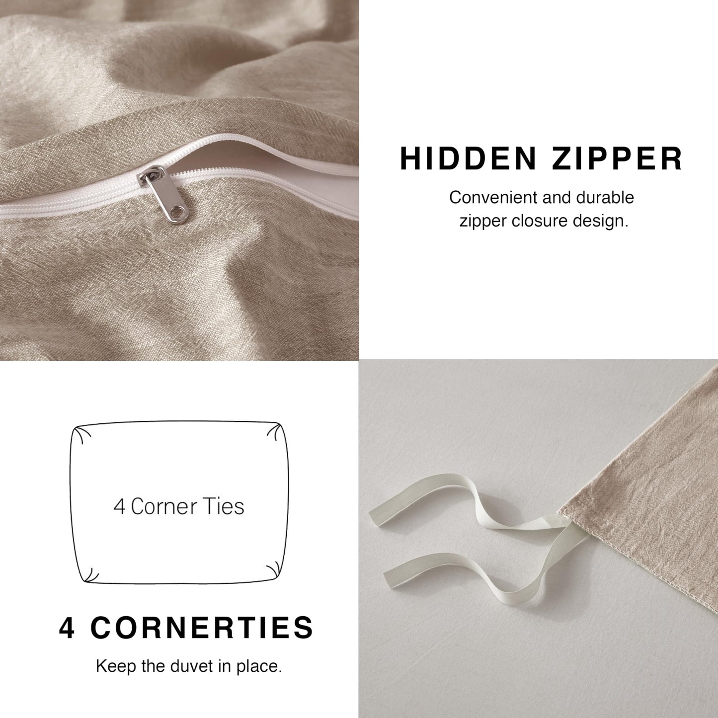 BFS HOME Linen Duvet Cover Queen Size - Soft Breathable Cotton Linen Blend, 3-Pieces Bedding Set with 2 Pillowcases, Stonewashed Texture, Khaki, All-Season Comfort