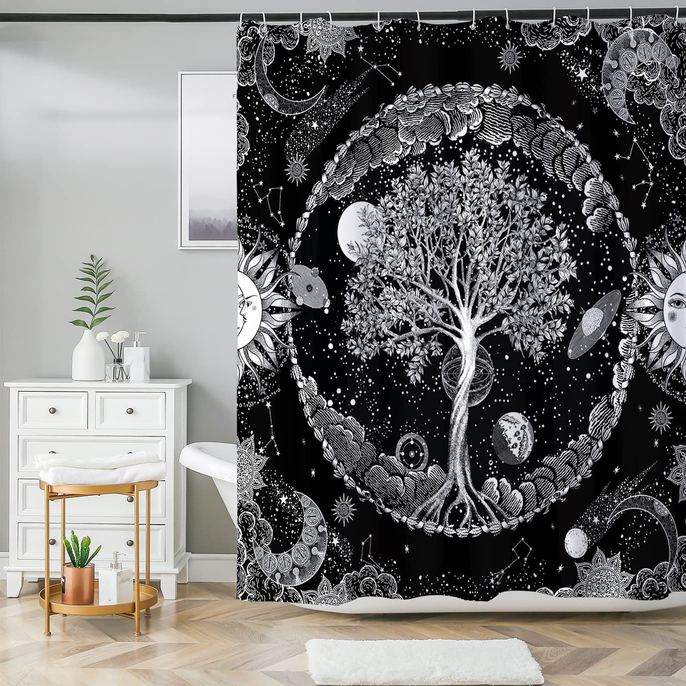 HMS Happy Memories Bohemian Plant Boho Floral Print Shower Curtain, Polyester Fabric Cloth for Bathroom Decor 72×72 Inch Standard Size with 12 Hooks, Also as Room Divider (Black Tree)