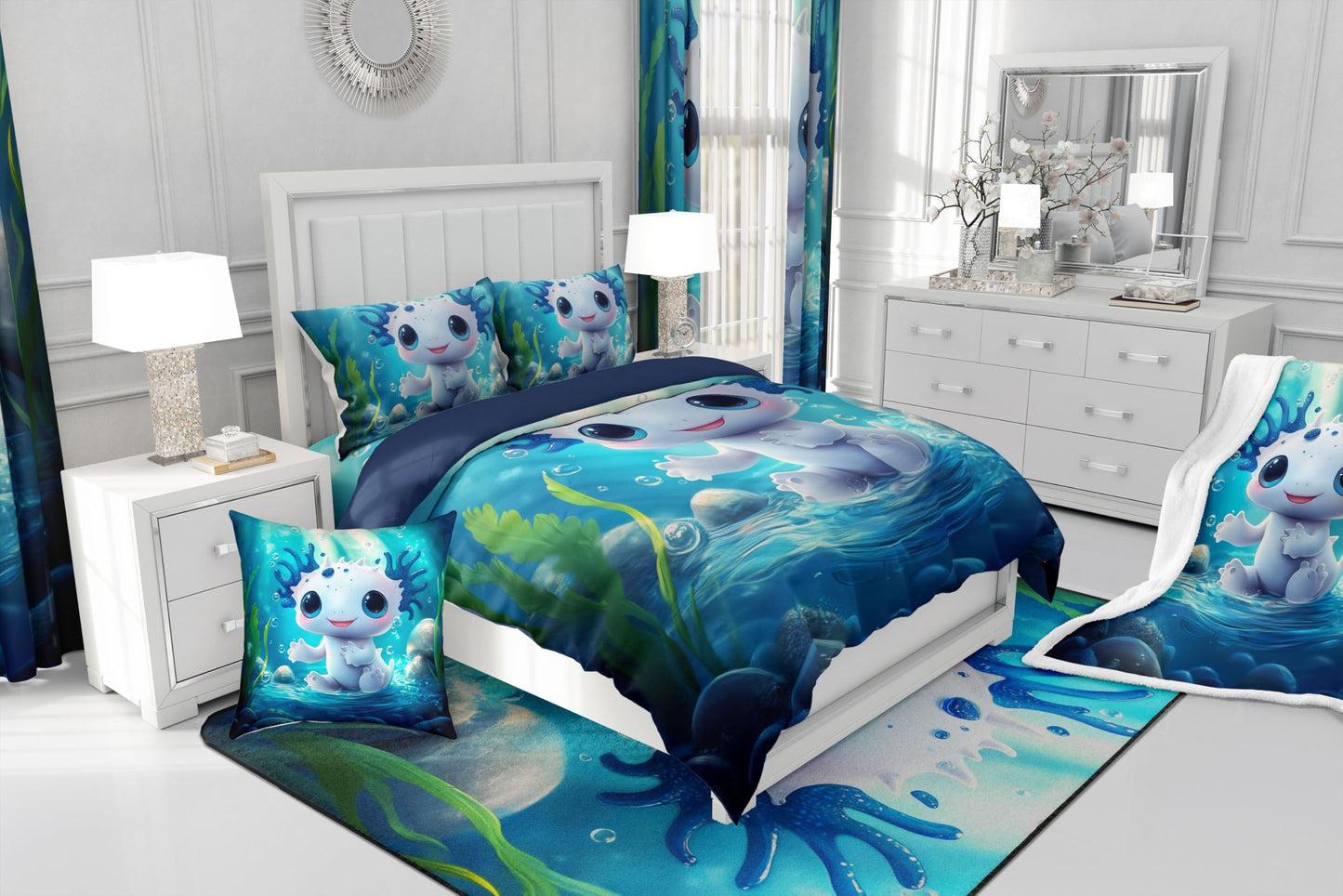 Feelyou Cute Axolotl Comforter Set Twin Size Kids Kawaii Ocean Sealife Bedding Set for Boys Teens Blue Cartoon Salamander Comforter Gift for Girls Women Duvet Set Sunshine Quilt Set