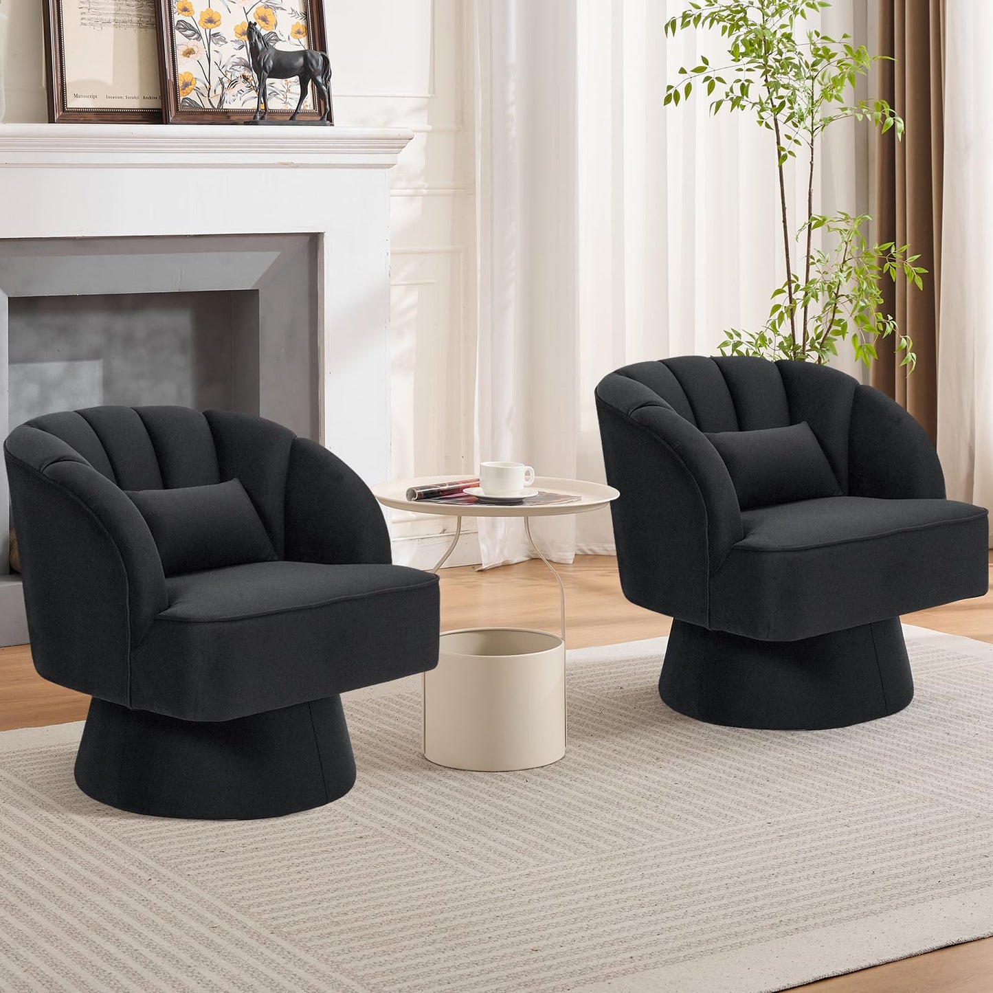 Garvee Ultra-Plush Swivel Accent Chair, 360° Barrel Lounge Chair with Cloud-Like Padding & Modern Striped Backrest, Velvet Upholstered Round Armchair for Living, Bedroom Reading Nook - Black