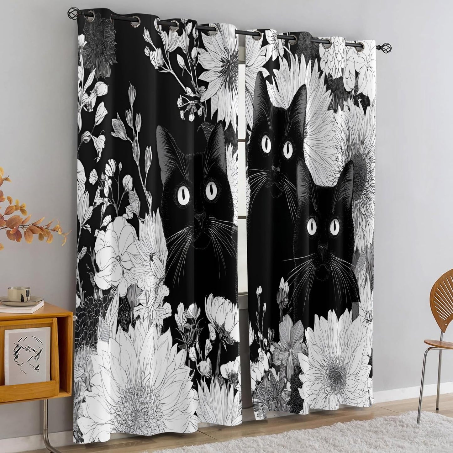 XAFIAUR Cat Blackout Curtains Black Cat Print Curtain, Cute Animal Drapes for Kids Bedroom Play Room 2 Panels Darkening Grommets Window Treatment 36" W x 72" L x2