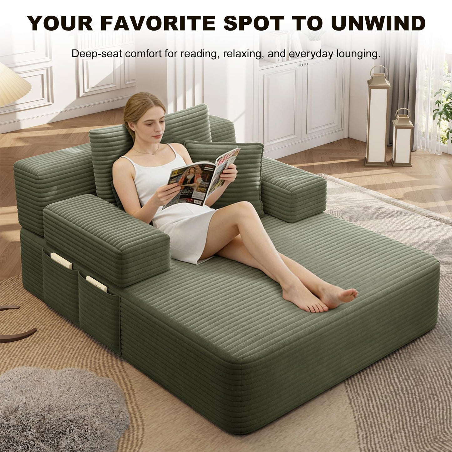 Haquiro 60.2" Oversized Chaise Lounge Chair, Boneless Corduroy Cloud Couch, Deep Seat Convertible Sofa Bed with 3 Pillows, Wide Armrests, Side Pocket, No Assembly (Green)
